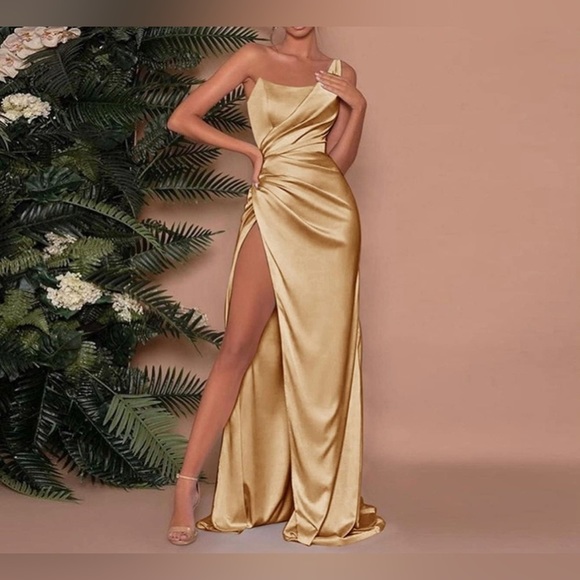 Satin One Shoulder Dress Long with Slit Ruched Mermaid Formal Evening Ev… - Picture 2 of 8